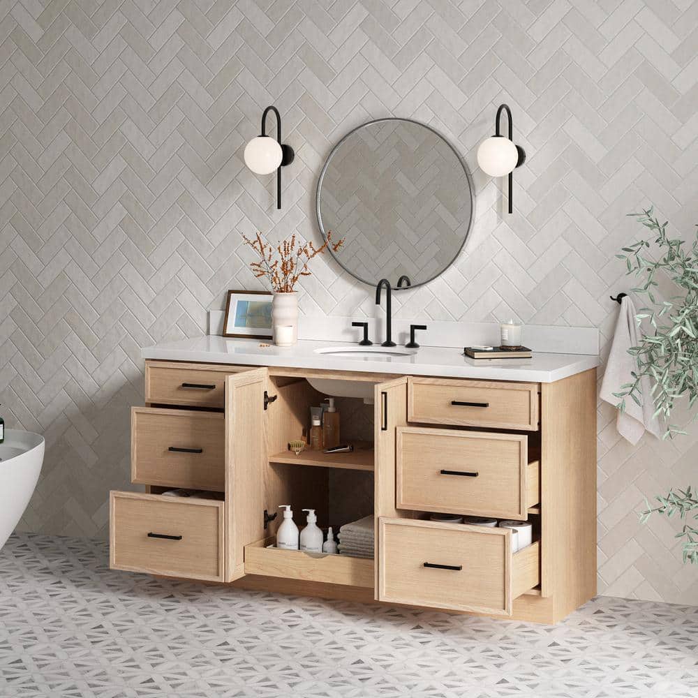 Kelly 67" Light Oak Single Vanity with White Quartz Top