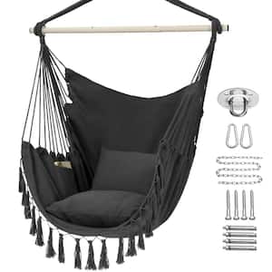 Hammock Chair Hanging Rope Swing, Maximum 500 lbs. 2-Cushions Included, Large Macrame Hanging Chair in Dark Grey
