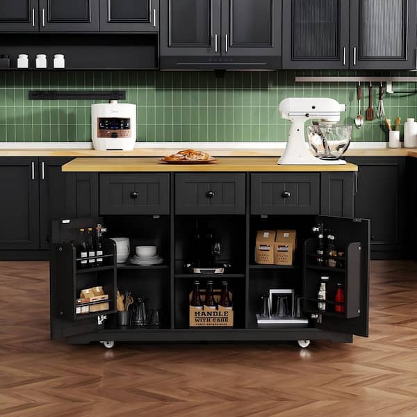 Polibi Black Wood 53 in. Kitchen Island with Drop Leaf, Door Internal Rack, Rolling Kitchen Cart with 3 Drawers