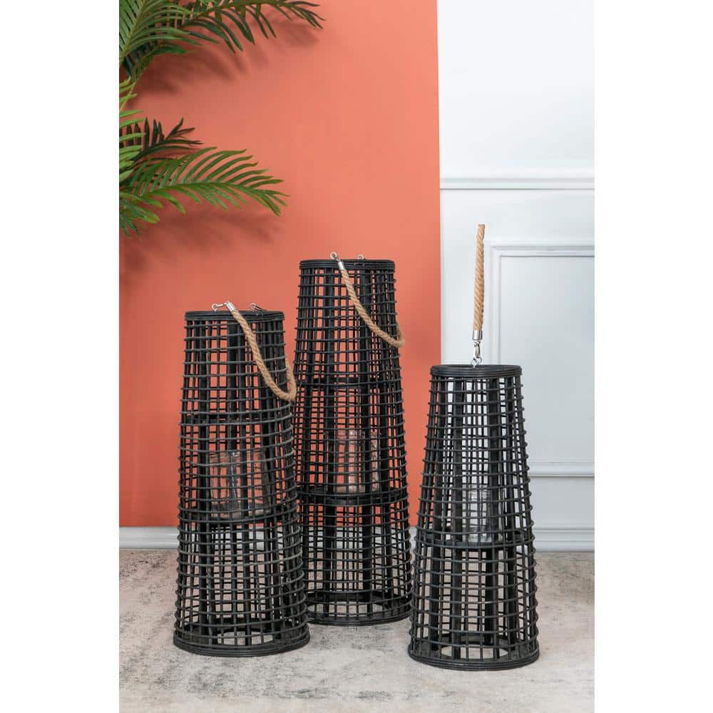 Black Bamboo and Glass Hanging Hurricane Lantern