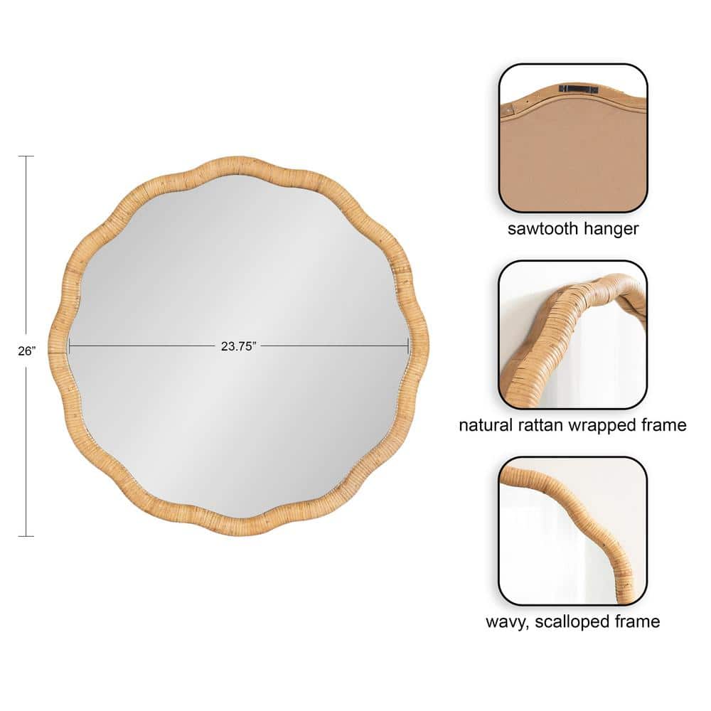 Natural Wood 26" Round Scalloped Rattan Mirror