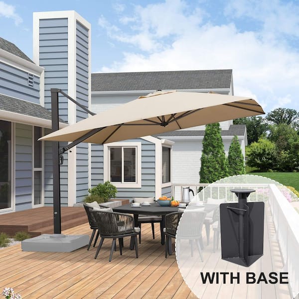 PURPLE LEAF 11 ft. Square Aluminum Large Outdoor Cantilever 360° Rotation Patio Umbrella with Base in Ground, Beige