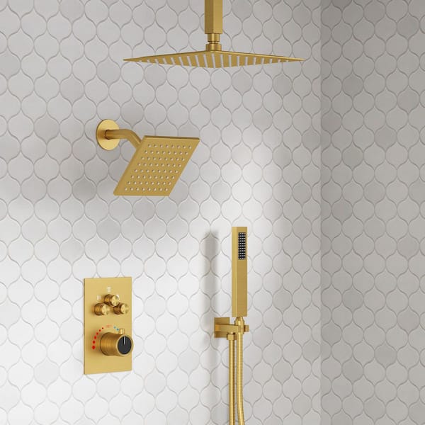 Thermostatic 7-Spray 12 in. Ceiling Mount Dual Shower Head and Handheld Shower in Brushed Gold (Valve Included)