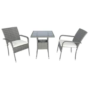Gray 3-Piece Wicker Square Outdoor Bistro Set with White Cushion
