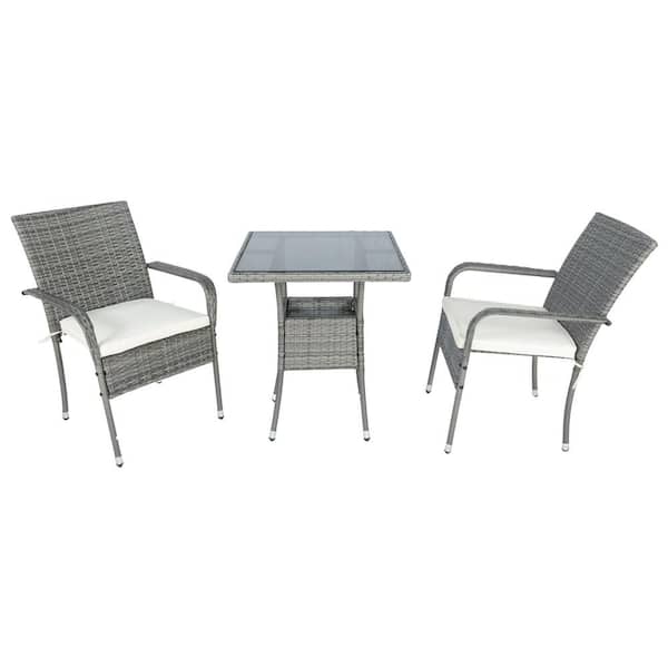 Angel Sar Gray 3-Piece Wicker Square Outdoor Bistro Set with White Cushion