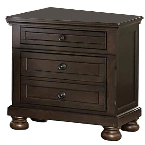 Benjara 3-Drawer Dark Brown Wooden Mid Century Design Night Stand Chest 28 in. L x 18 in. W x 29.25 in. H