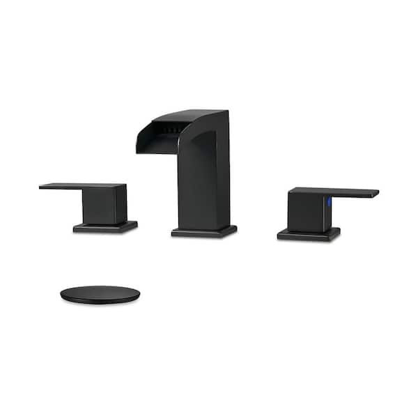 Waterfall 304 stainless steel 8 in. Widespread Double Handle Bathroom Faucet with Drain Kit Included in Matte Black