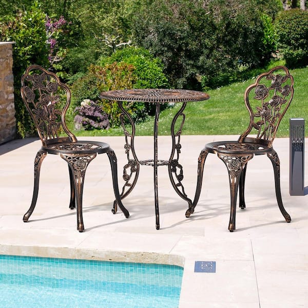 3-Piece Cast Aluminum Rose Pattern Outdoor Bistro Set