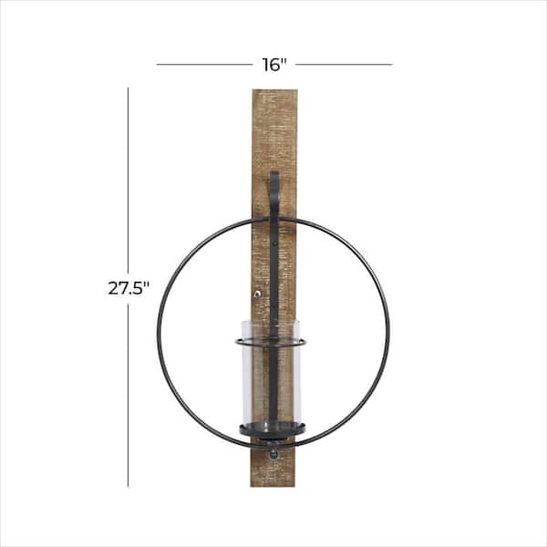 28 in. Brown Wood Geometric Pillar Wall Sconce with Wood Back Mount
