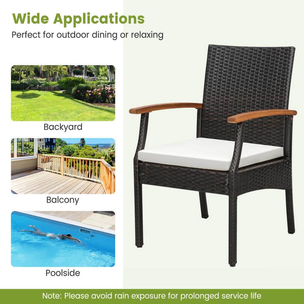 Set of 4 Brown Wicker Dining Chairs with Off-White Cushions