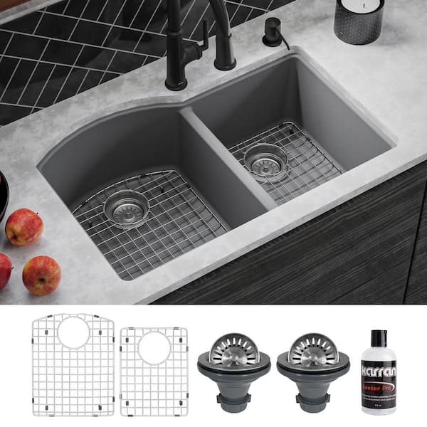 Karran QU-610 Quartz/Granite 32 in. Double Bowl 60/40 Undermount Kitchen Sink in Grey with Bottom Grid and Strainer