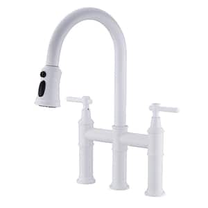 Double Handles Gooseneck Pull Down Sprayer Kitchen Faucet in White Widespread Bridge Faucets for 3-Hole