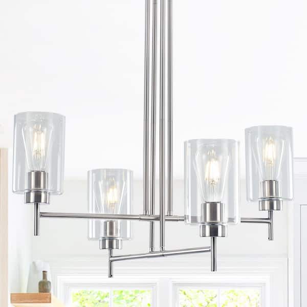 LWYTJO 23. 6 in. 4-Light Nickel Industrial Linear Kitchen Island Chandelier w/ Cylinder Glass Shade for Restaurant Corridor Bar
