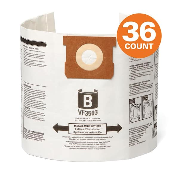 RIDGID Genuine VF3503D Wet Dry Vac Dry Pick-up Only Dust Bags for Select 5-10 Gal. RIDGID Vacs, except HD0600, Size B (36-Pack)