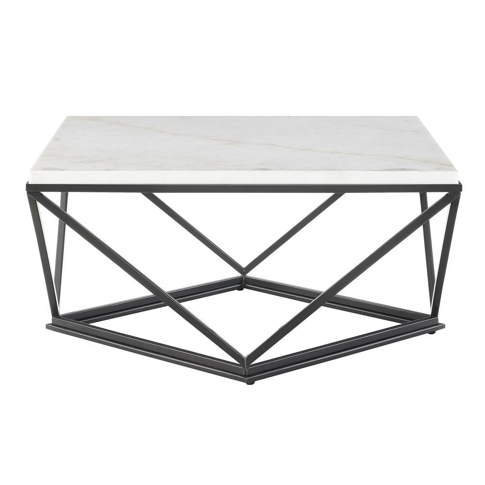 Conner Square White Marble Top Coffee Table with Black Metal Base