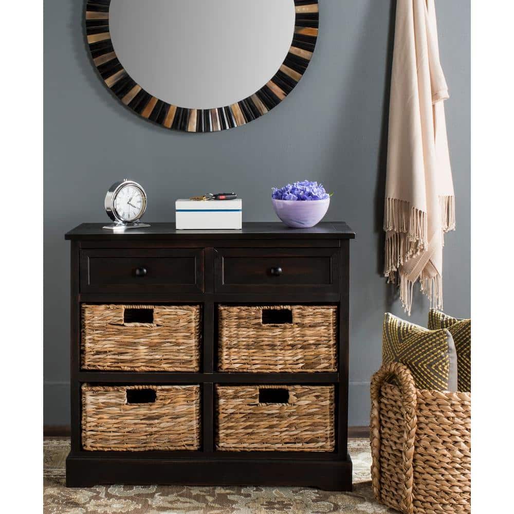 Transitional Pine Wood Storage Unit with 6 Wicker Baskets, Brown