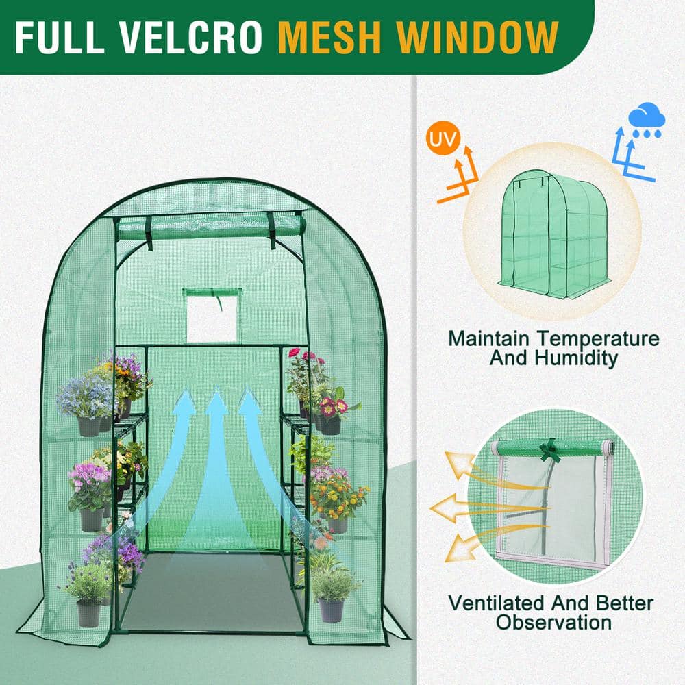 Green Walk-In 3-Tier 8-Shelf Gardening Greenhouse with Mesh Windows
