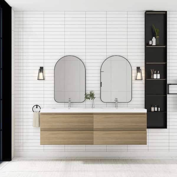 JimsMaison 72 in. W x 20 in. D x 22 in. H Double Sink Floating Bath Vanity in Natural Oak with Glossy White Resin Top