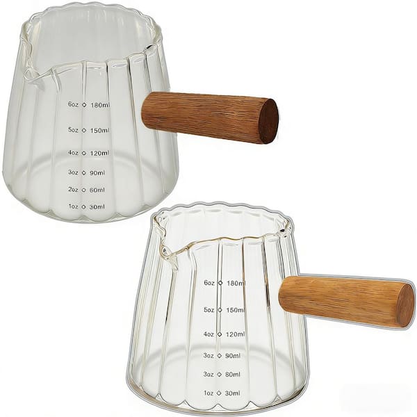 6 oz. Ribbed Glass Espresso Shot Measuring Cup with V-Shaped Mouth and Wooden Handle for Coffee Tea, Clear (2-Pack)