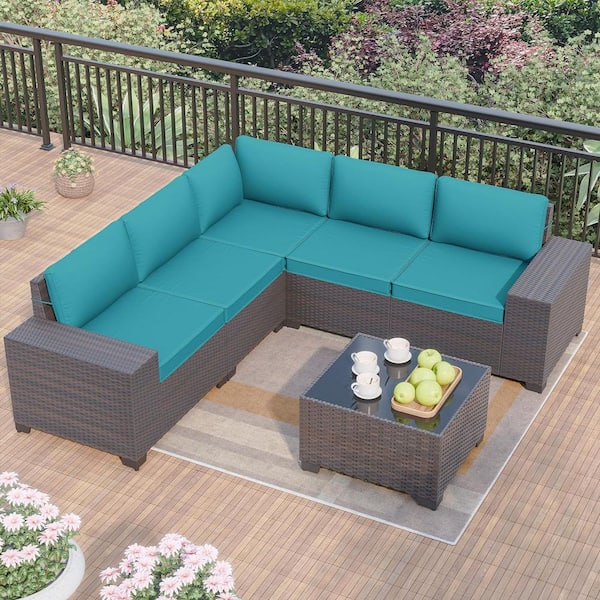6-Piece Wicker Outdoor Sectional Set with Glass Coffee Table and Blue Cushions