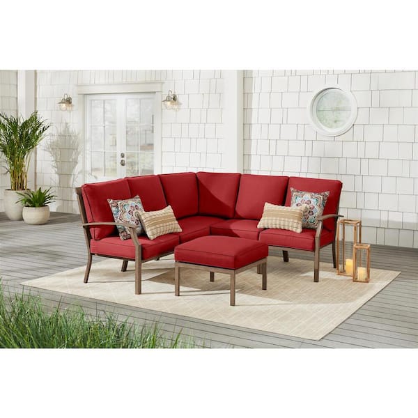Hampton Bay Geneva 6-Piece Brown Wicker Outdoor Patio Sectional Sofa Seating Set with Ottoman and CushionGuard Chili Red Cushions