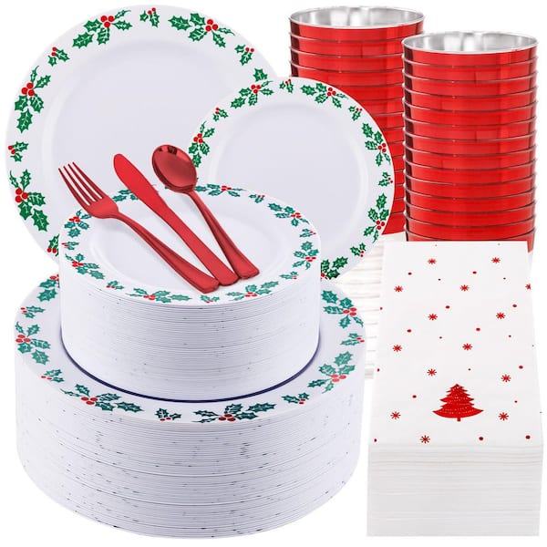 350-Piece Holly Design Red Green Plastic Christmas Dinnerware Set w Plates, Silverware, Cups, Napkins (Service for 50)