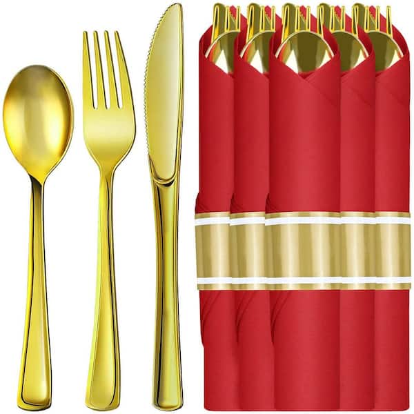 Gold 30-Pack Plastic Silverware with Red Napkins for Christmas Party (Service for 30)