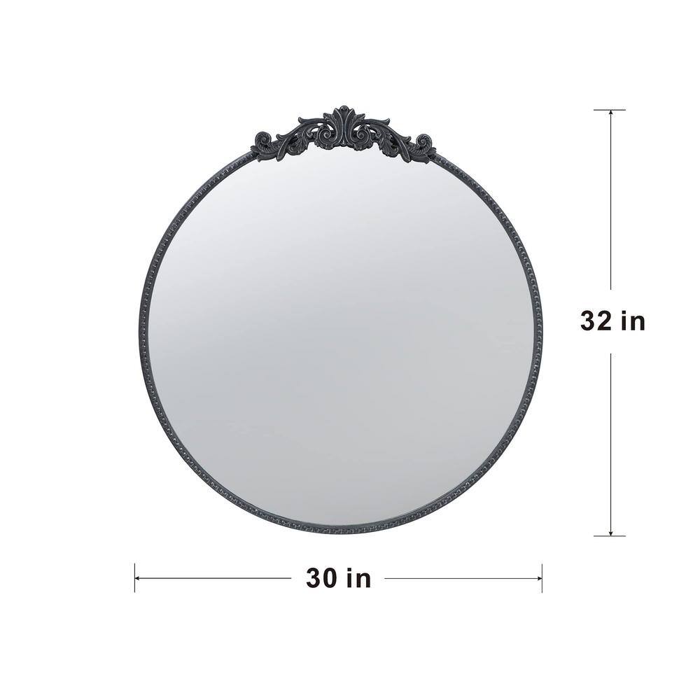 30" Black Metal Round Wall Mirror with Carved Rose Detail