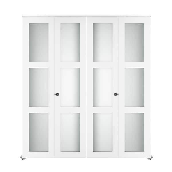 56 in. x 78.75 in. 3-Lite Frosted Glass Solid Core White Finished MDF Composite Bi-Fold Door with Hardware