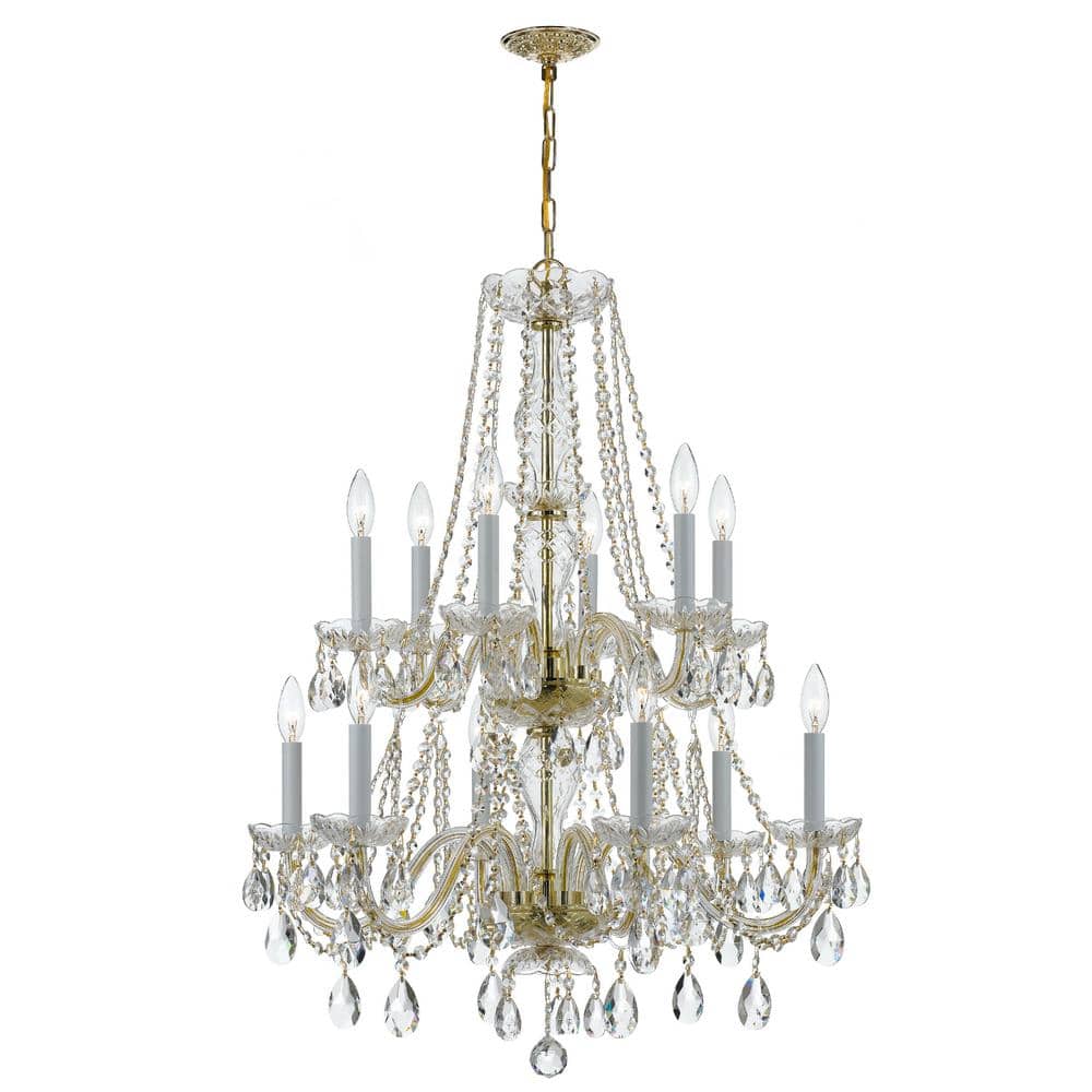 Polished Brass and Crystal 12-Light Candle Chandelier