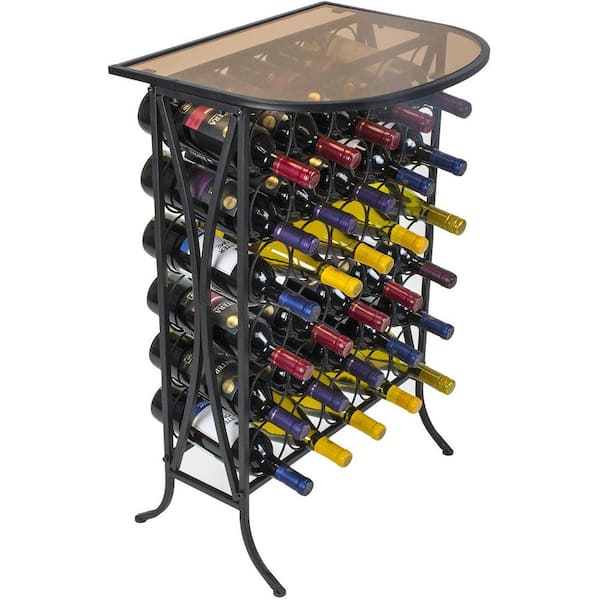 Bordeaux Chateau Style Wine Display with Glass Table Top, 30-Bottle Black Metal Wine Display, Free Standing Wine Rack
