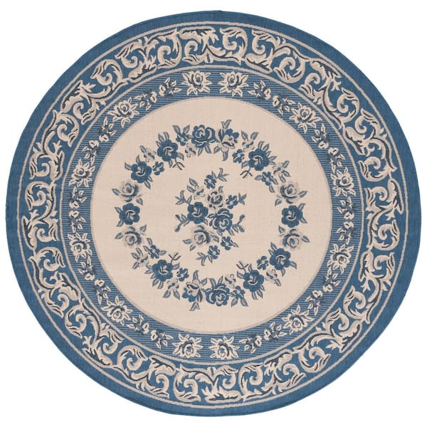Courtyard 7 ft. x 7 ft. Cream/Blue Floral Indoor/Outdoor Round Rug