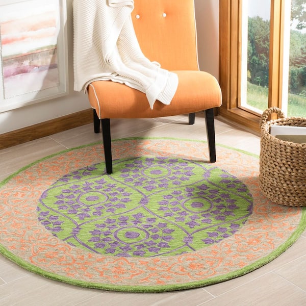 Suzani 5 ft. x 5 ft. Green/Violet Border Ornate Trellis Round Area Rug