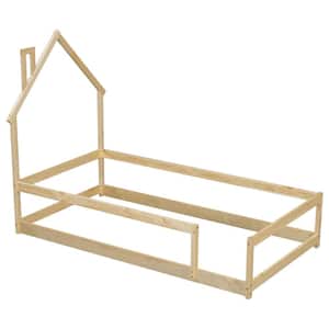 Natural Twin Size Wood Frame Floor Bed with House-Shaped Headboard and Fence Twin Montessori House Bed Frame for Kids