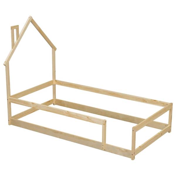 URTR Natural Twin Size Wood Frame Floor Bed with House-Shaped Headboard and Fence Twin Montessori House Bed Frame for Kids