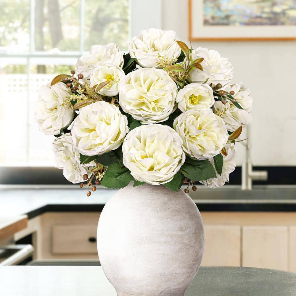 工芸品 Flower base marble color LIVING LUXURY 18 in. Cream White Artificial Cabbage Rose Flower