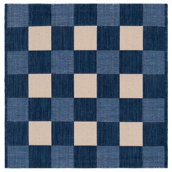Courtyard Navy/Beige 3 ft. x 3 ft. Plaid Grid Indoor/Outdoor Square Area Rug
