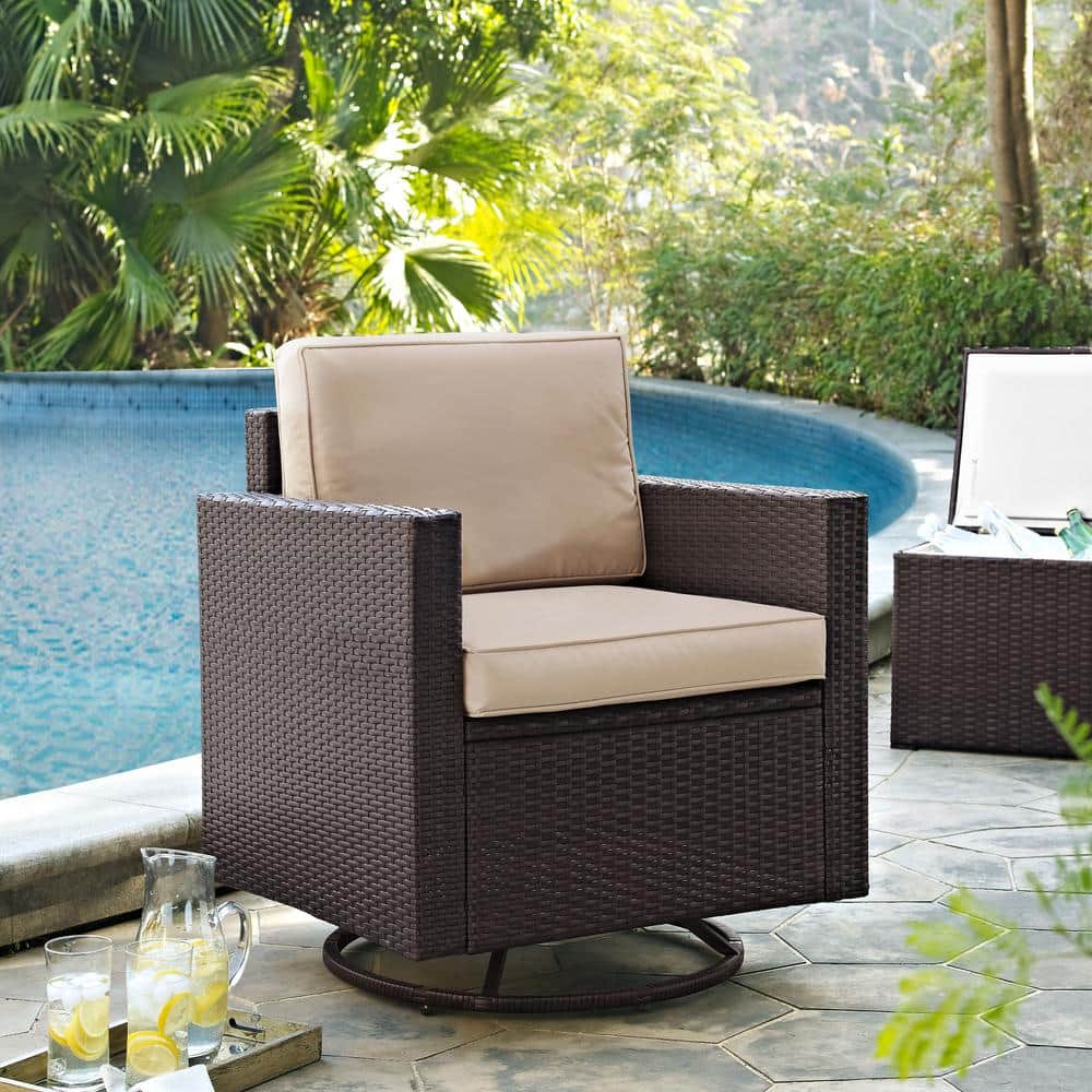 Palm Harbor Brown Wicker Swivel Rocker Chair with Sand Cushions
