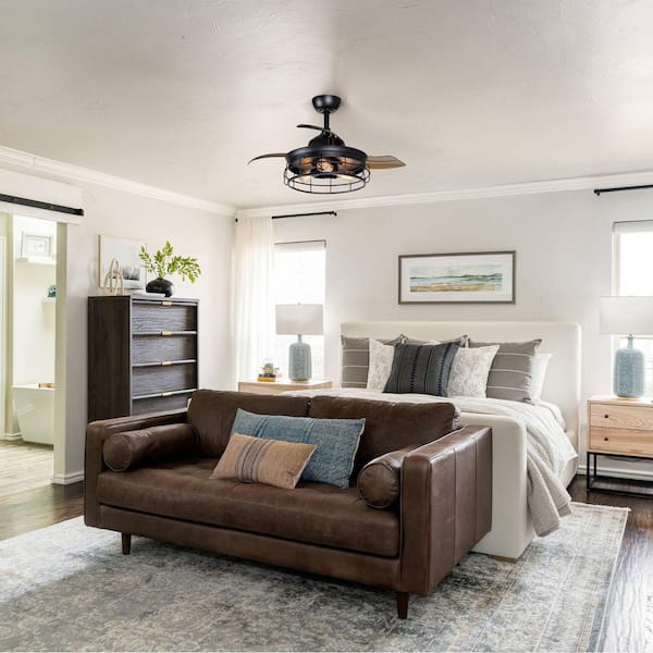 36 in. Industrial Retractable 3-Blade Black Ceiling Fan with Light Kit and Remote Control