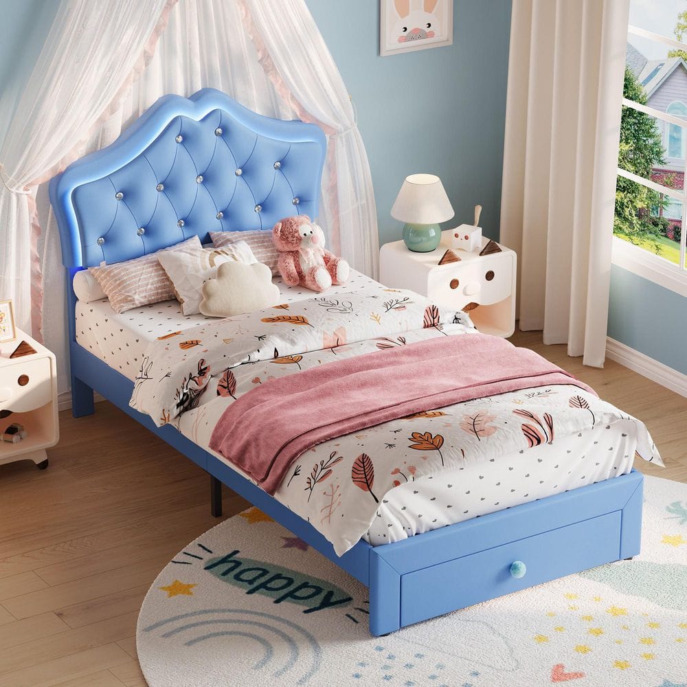 Blue Upholstered Frame Twin Size Princess Platform Bed with LED Lights Storage Drawers and Soft Crystal Button Decor price history on PriceWatchPro