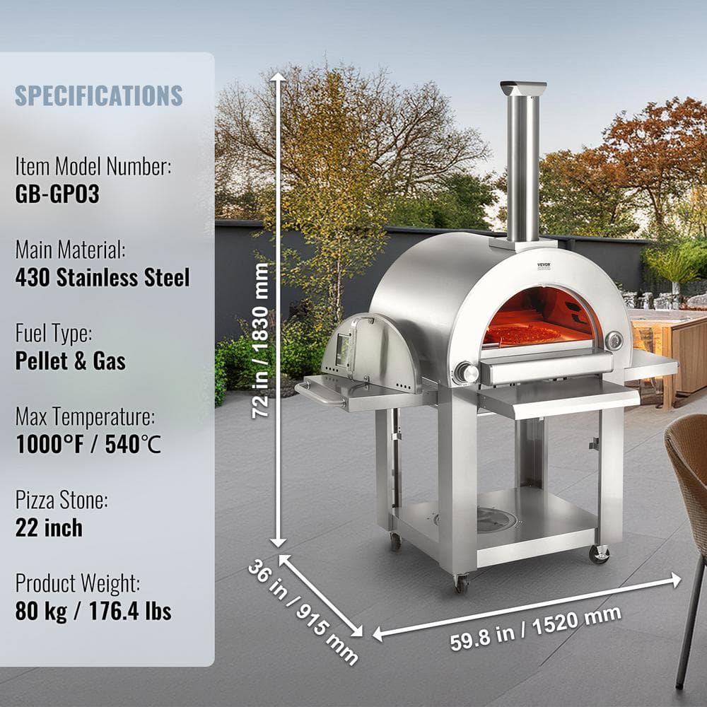 VEVOR 22" Stainless Steel Dual Fuel Outdoor Pizza Oven with Casters