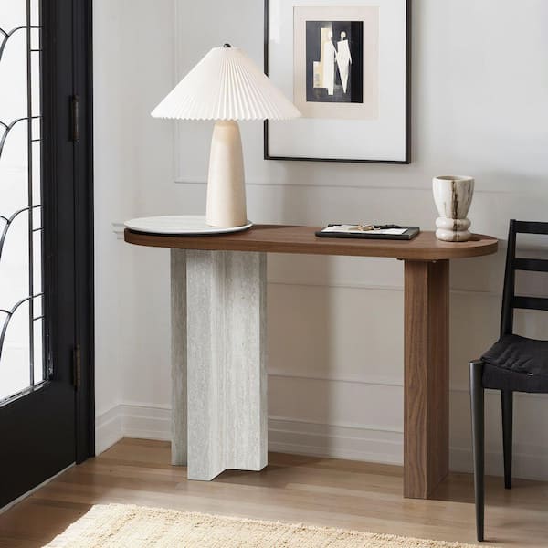 Travertine-Style 47.24 in. Brown and Off-White Oval MDF Wood Console Table