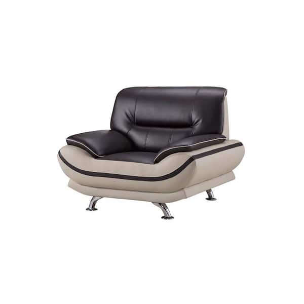 Benjara Dark Brown and Beige Faux Leather Upholstered Wooden Chair with Slender Legs Support