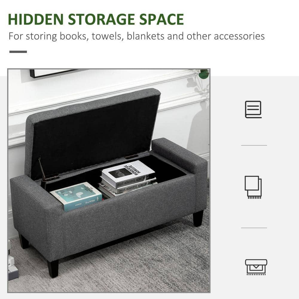 Gray Linen Upholstered Storage Bench with Lift Top