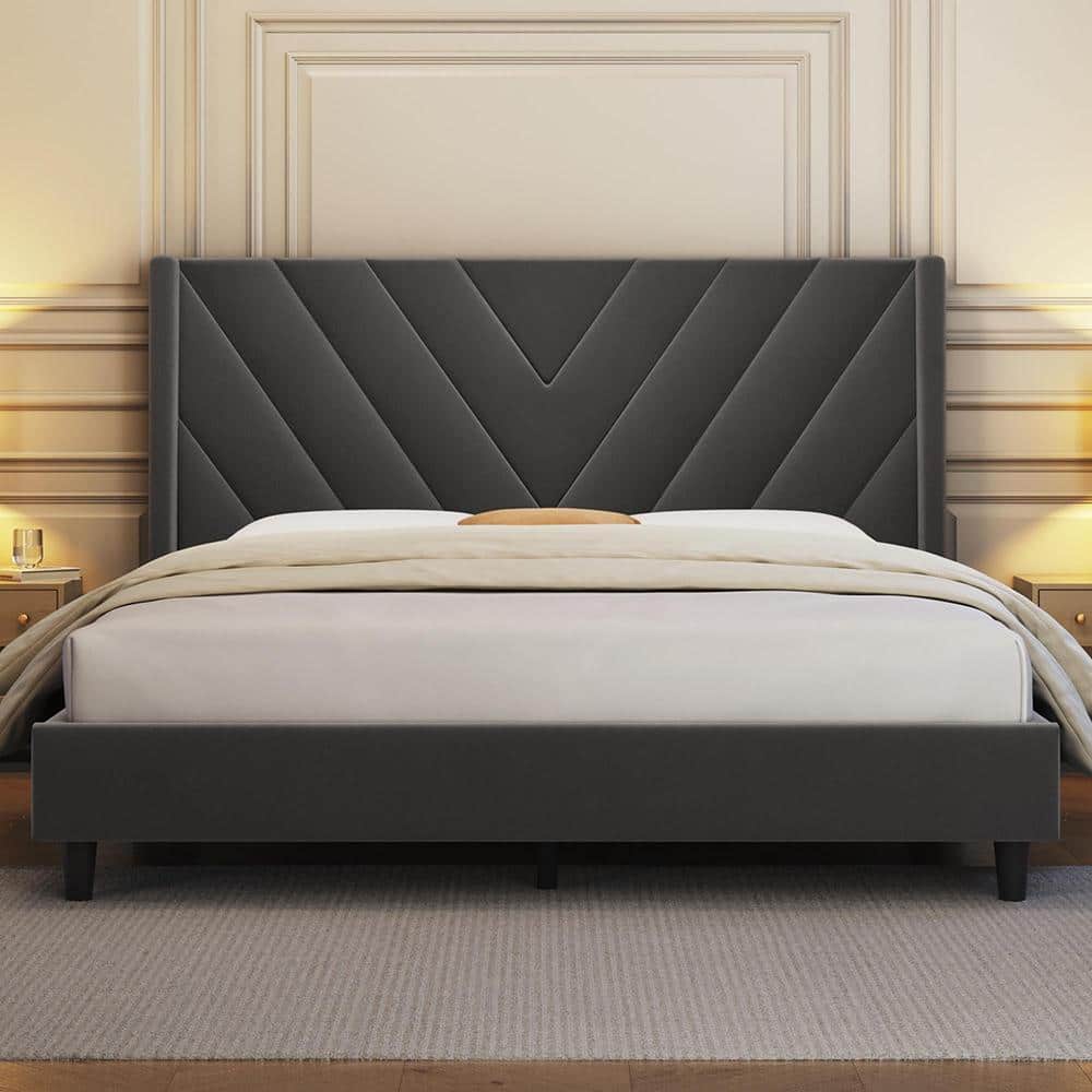 12 in. Dark Gray Wooden Full Size Platform Bed Frame with Headboard price history on PriceWatchPro
