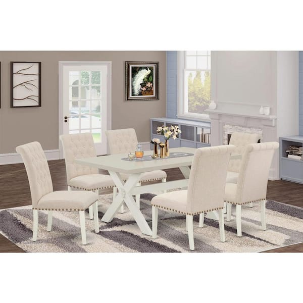 7-Piece Rectangle Natural Oak Finish Solid Wood Top Dining Table with 6 Parson-Chairs with Lattice Back