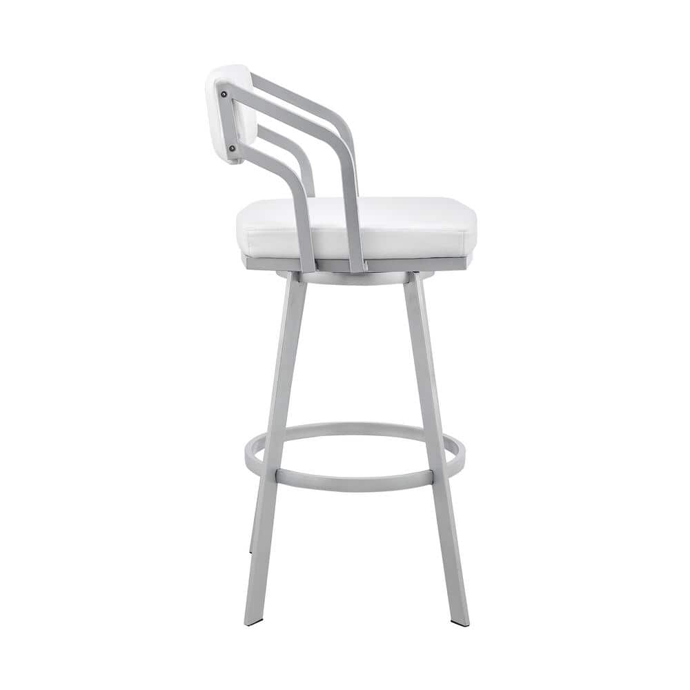 Modern Scranton 26" Swivel White Faux Leather & Silver Metal Bar Stool