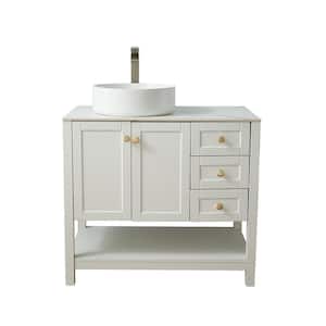 36 in. W x 20 in. D x 32 in. H Bathroom Vanity in White with White with Marble Top and vessel Ceramic Sink.