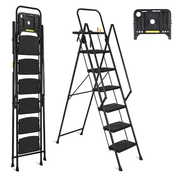 6-Step, 6 ft. Reach Steel Lightweight Portable Foldable Step Ladder with Tool Tray Wide, Non Slip Pedals and Handrails