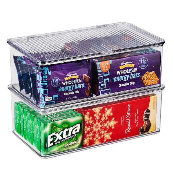 2 Pack Clear Plastic Storage Bins with deviders and Lids for fridge and Pantry Stackable organizer set